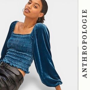 Anthropologie Teal Velvet Smocked Puff Sleeved Blouse, Size XXSP, MSRP $138